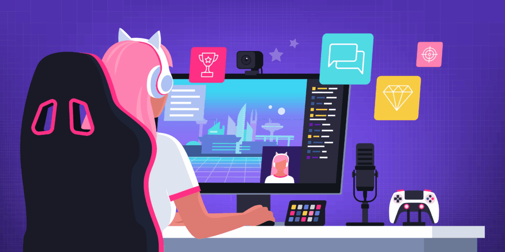 女性のライバーがゲーム配信をしている様子のイラスト
